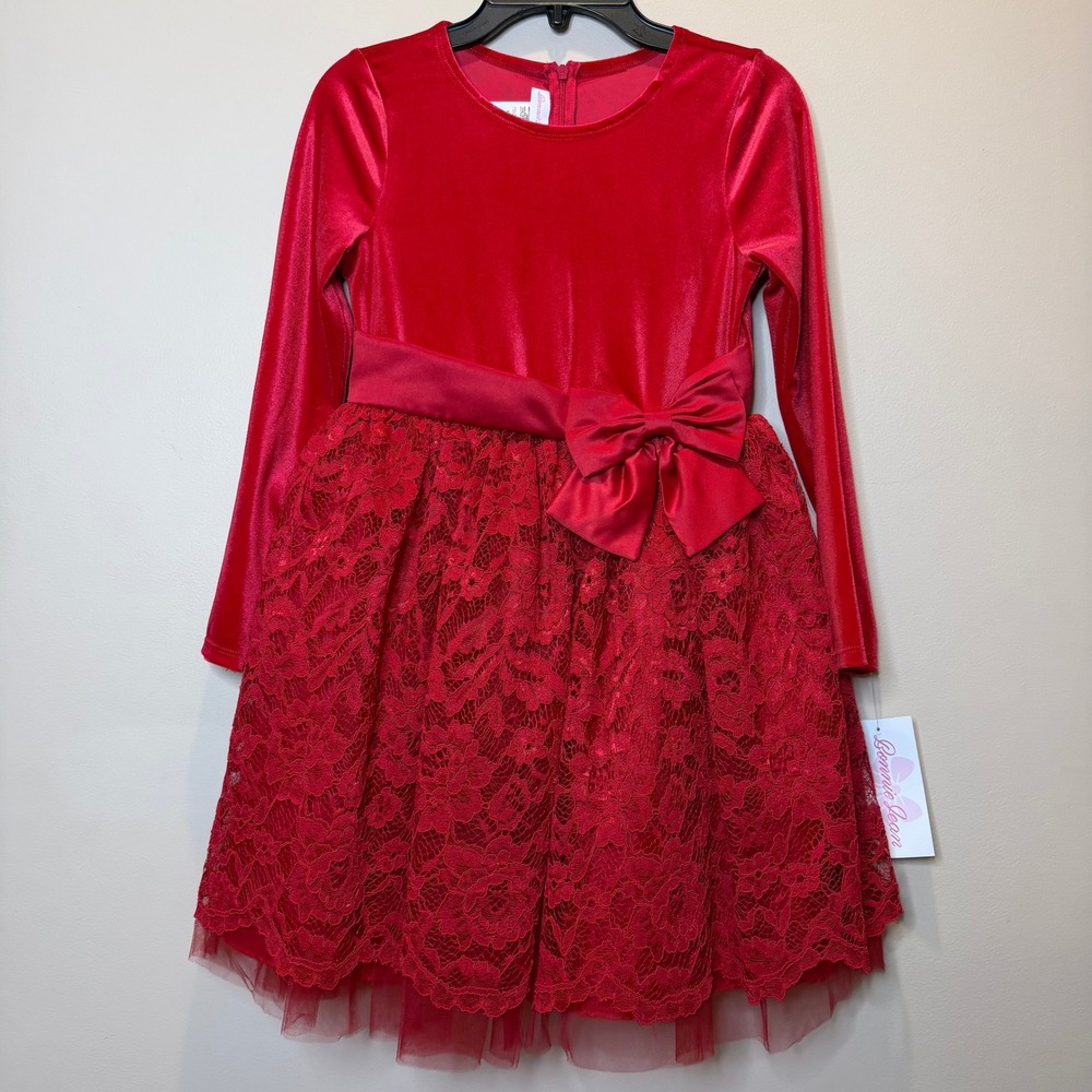 NWT Bonnie Jean Red Velvet Lace Satin Bow Holiday Dress Girls Size 7 Christmas
